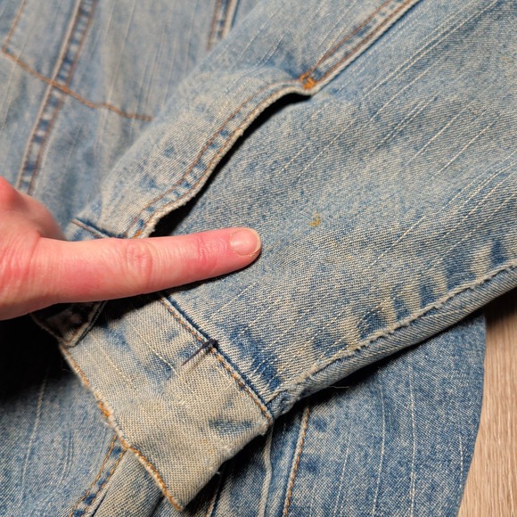 Vintage Faded Glory Mens L Blue Denim Hooded Jacket Quilted Lined Distressed - Picture 9 of 11